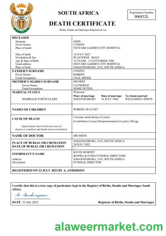 South Africa death certificate Word and PDF template